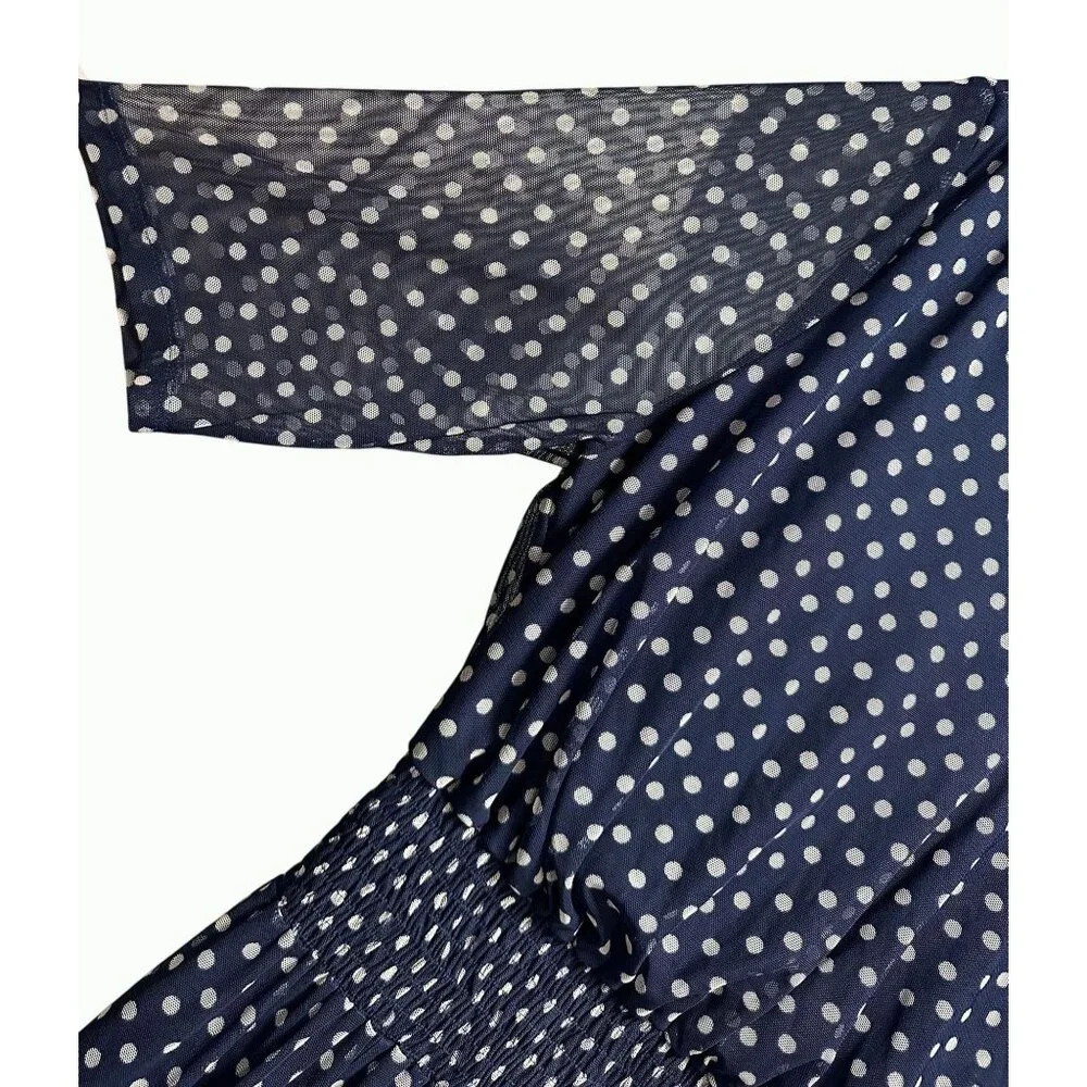 Kate & Lily Blue White Polka Dot V-Neck‎ Midi Dress Elbow-Length Sleeves Size 16
